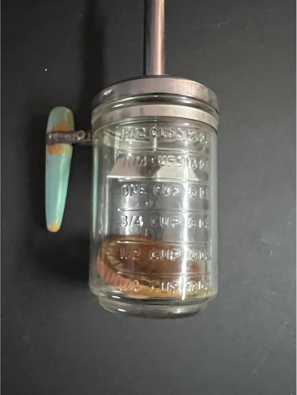 Vintage 1950’s Glass Measurements Food Chopper Metal Lid green Wooden Handle